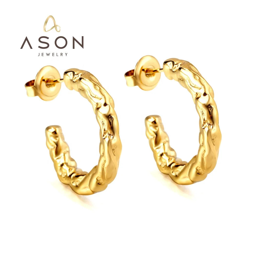 Ason Fashion Jewelry Wholesale Trendy Stainless Steel 18k Gold Plated Ruffled Stud Earrings Minimal C Hoop Earrings for Women