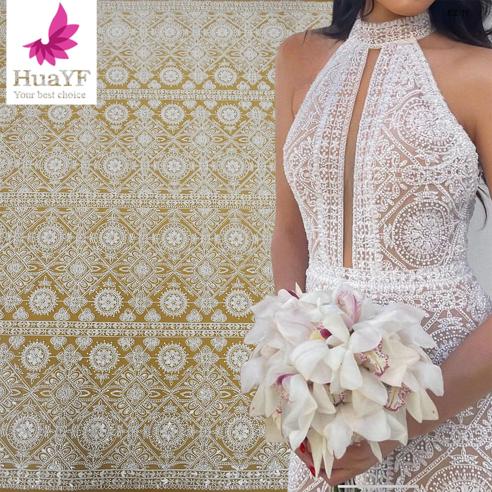 Circle Pattern White Sequins Beads Wedding Bridal White Tulle Beaded  Laces Fabrics for Women  HY2296
