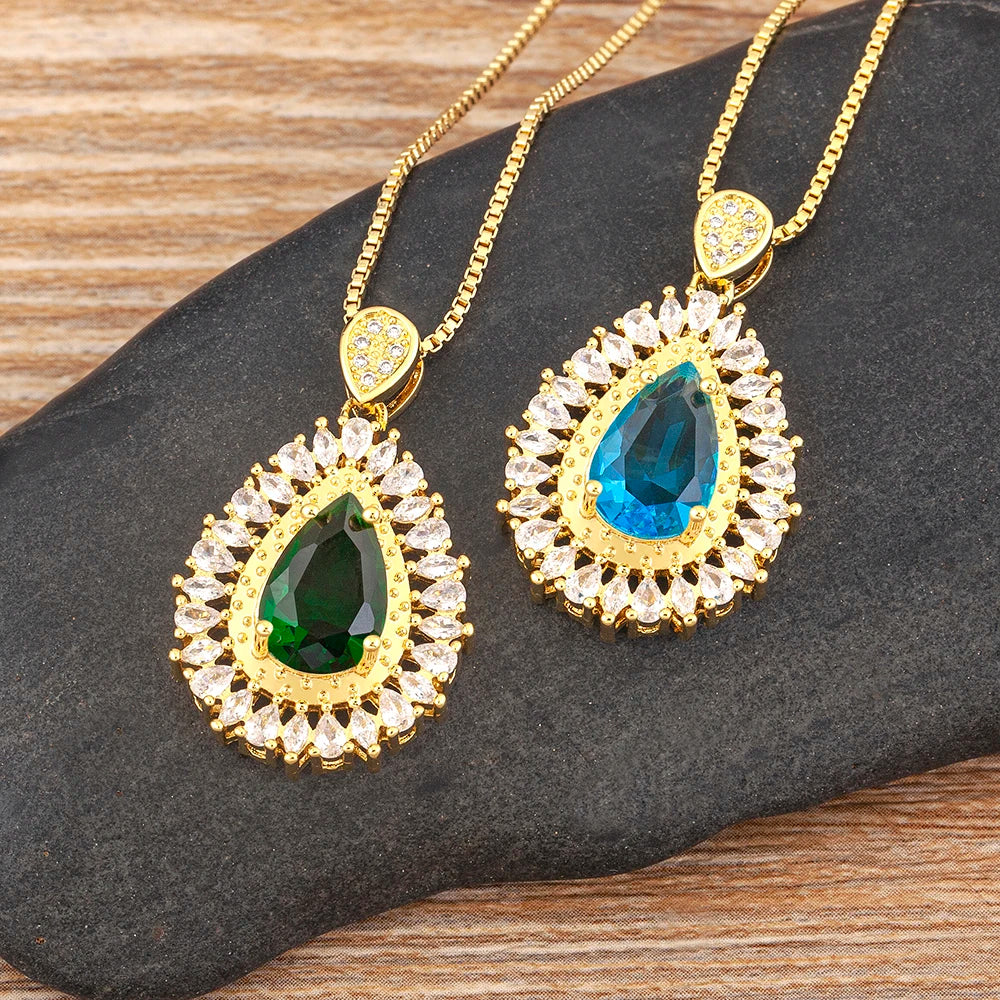QIKU Exquisite Water Droplet Shape 5 Colors Rhinestone Pendant Women Necklace Copper Zircon Jewelry Accessories Anniversary Gift