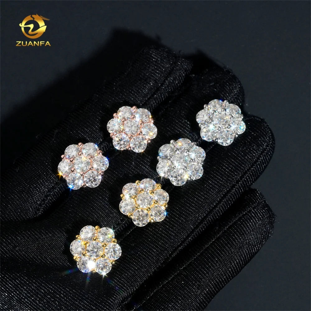 Fine Jewelry Big Luxury Cluster Flower Hip Hop 925 Sterling Silver Moissanite Stud Earrings