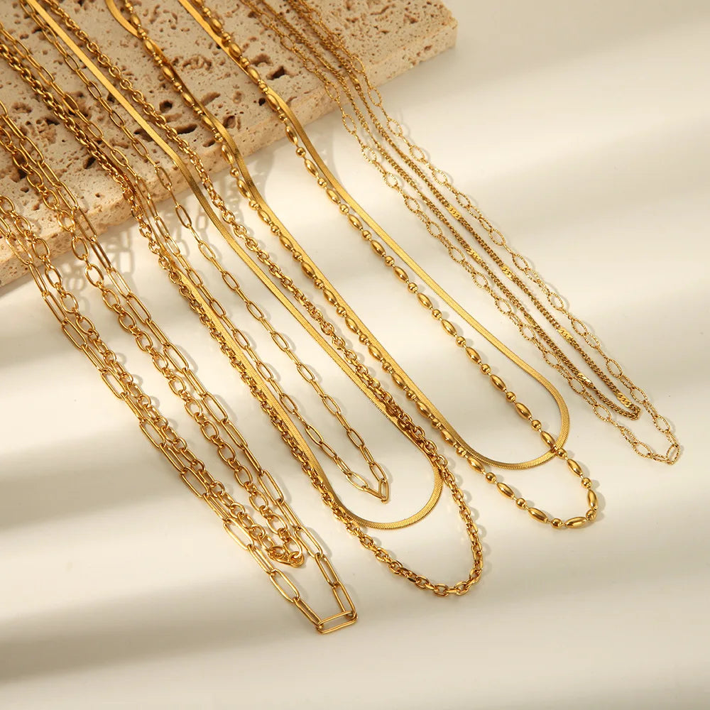 Factory Wholesale 18K Gold Plated Stainless Steel Snake Link Bead Figaro Double Chain Choker Necklace