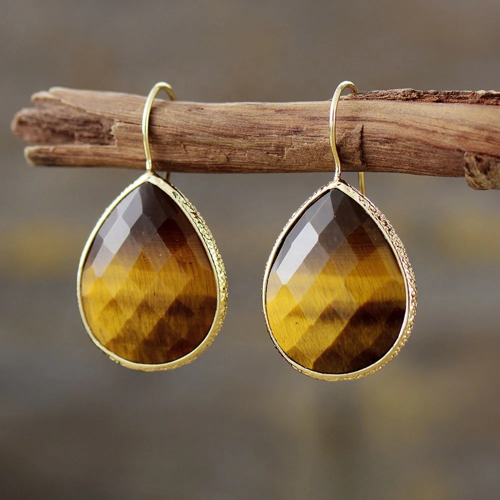 Chunky 18K Gold Plated Waterdrop Amethyst Tiger Eye Drop Earrings Elegant Big Woman Jewelry