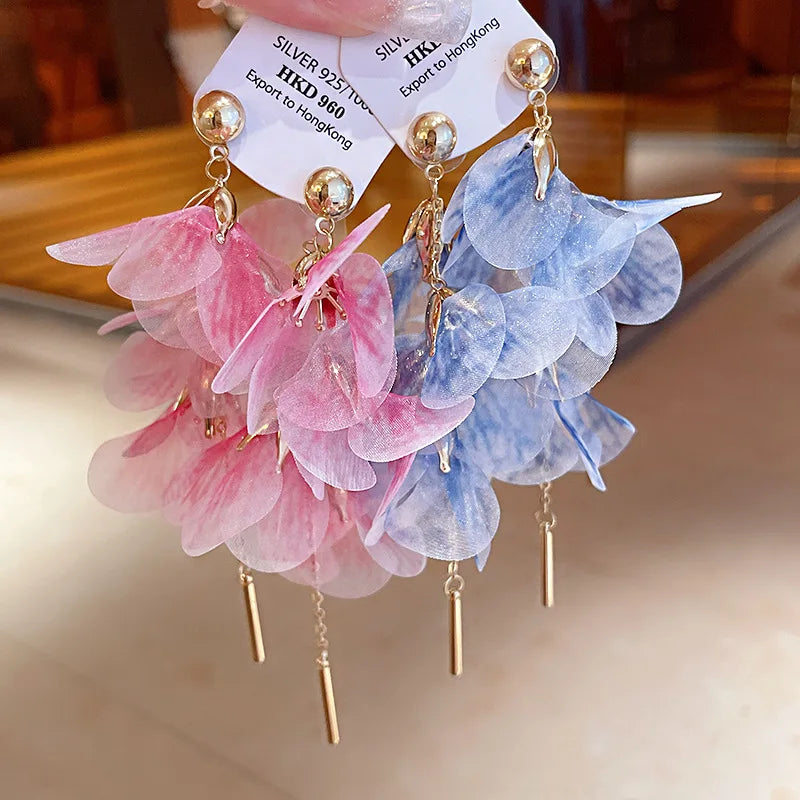 Temperament Mesh Flower Petal Dangle Drop Earrings Fashion Ear Jewelry Sweet Pink Flowers Long Tassel Earrings for Women Girls