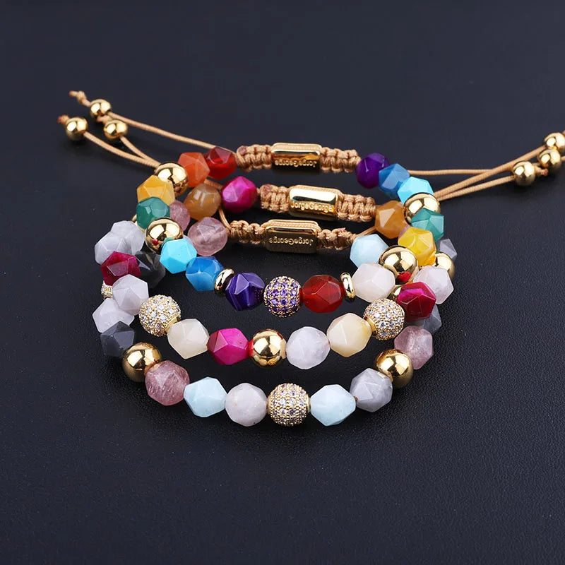 Gemstone Bracelet Women Colorful Faceted Natural Stone CZ Micro Pave Ball Beaded Custom Logo Macrame Bracelet JBS11605