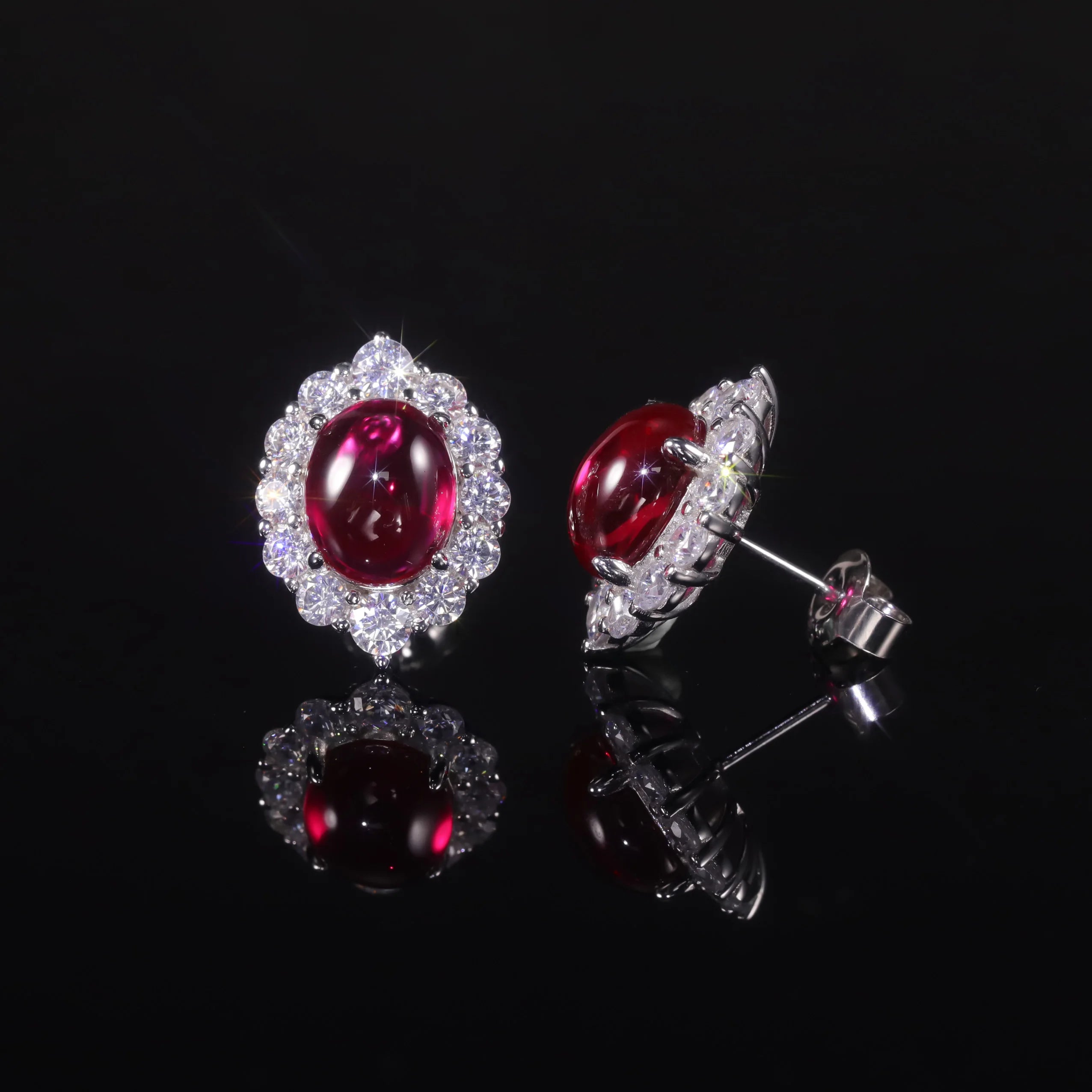 AE215 Luxury Jewelry Bridal Wedding 925 Sterling Silver Cabochon Gemstone Pigeon Blood Red Lab Grown Ruby Stud Earrings