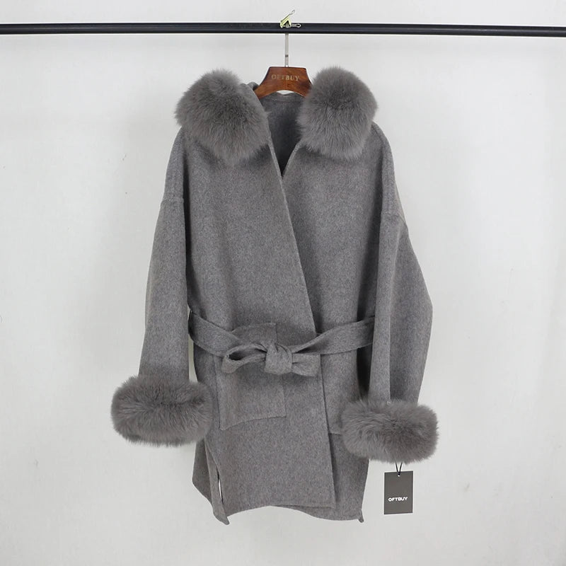 OFTBUY 2021 Real Fur Coat Winter Jacket Women Natural Fox Fur Collar Cuffs Hood Cashmere Wool Woolen Oversize Ladies Outerwear