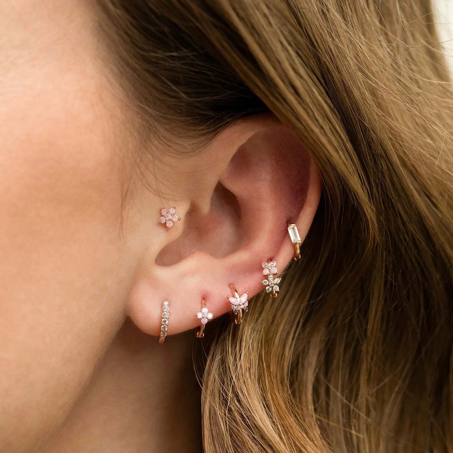 Fashion Pink Butterfly Bear Stud Earrings Set Gold Plated Sweet Small Fresh Girl Flower Zircon Earrings for Women