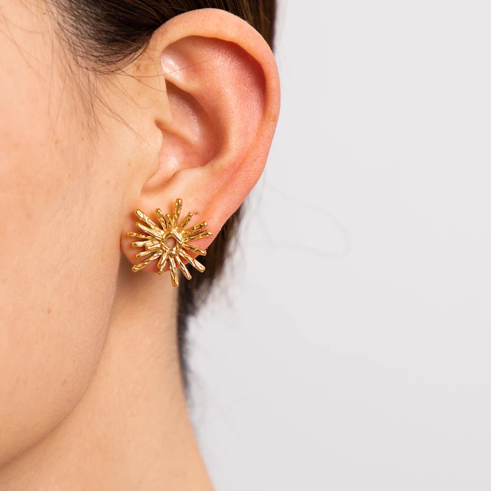 New Arrival Stainless Steel Sunburst Earring Gift Texture Lava Sun Radiation Stud Earring for Women