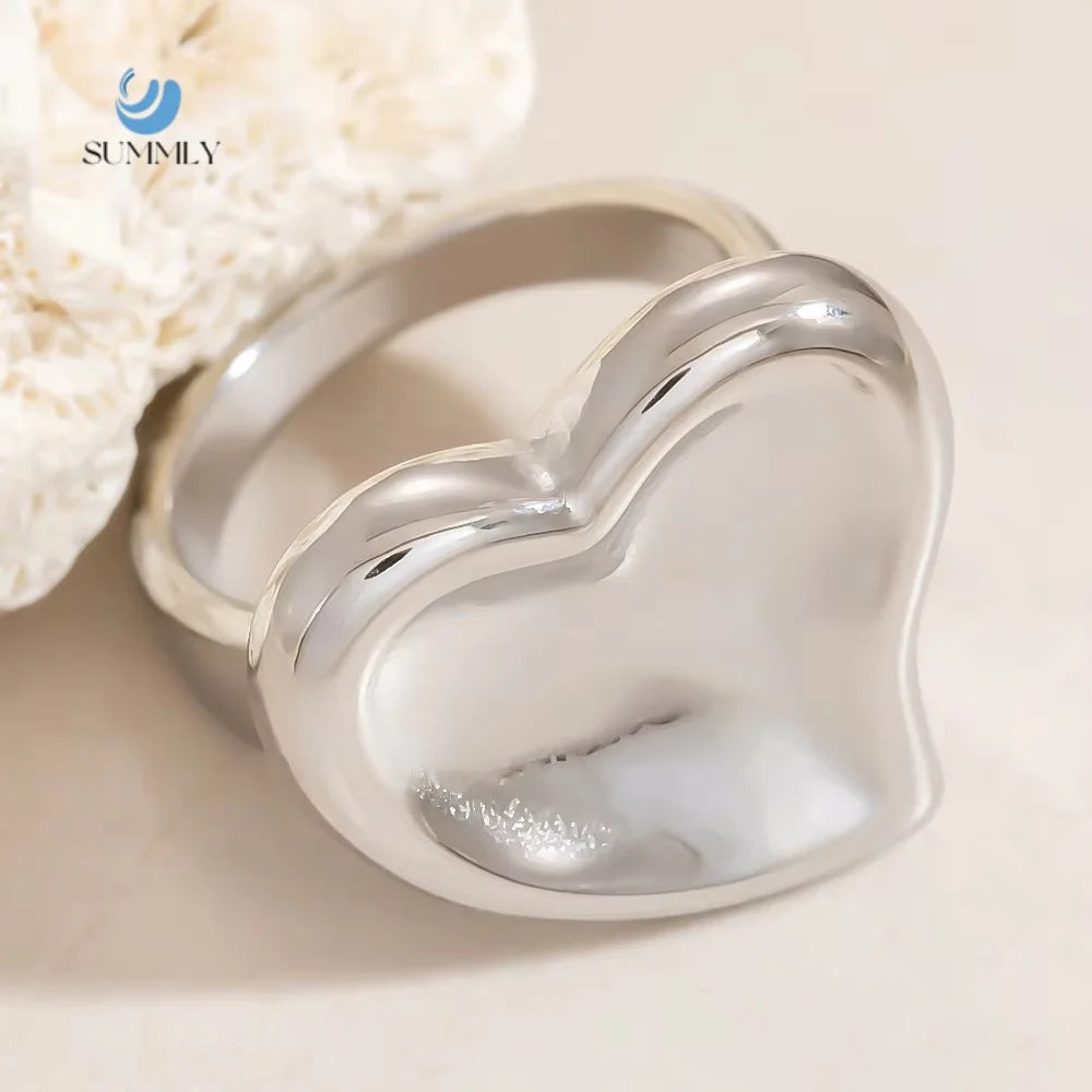 SUMMLY Vintage Wholesale Simple Heart Shape Steel Color Stainless Steel Personalities Ring Fashion Jewelry