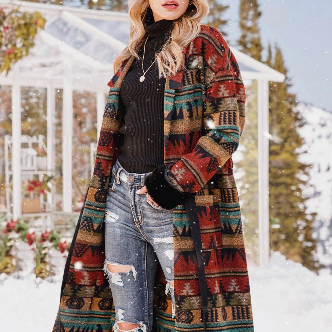 2026 Vintage Fall Winter Aztec Indigenous Clothing Ladies Double Side Printed Lapel Collar Long Coats Cardigan With Belt