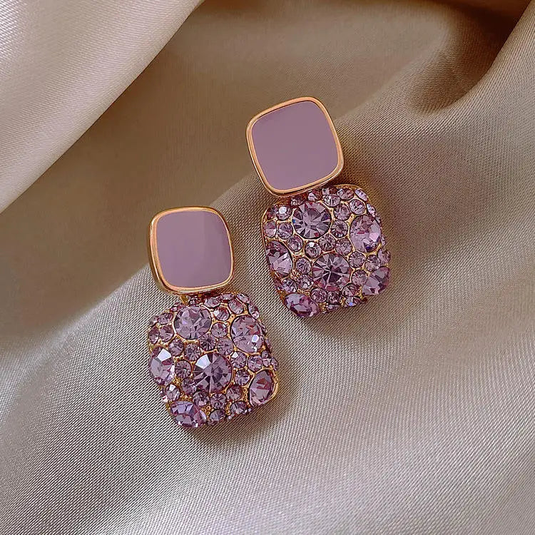 Trendy Geometric Square Drop Earrings 925 Silver Gold/Silver Plated Purple Crystal Rhinestone Women's Jewelry