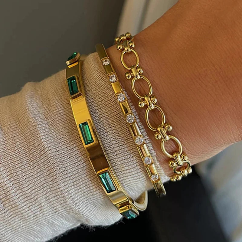 European American Hot Selling Stainless Steel Bracelet French Retro Bracelet Vintage Green Zircon Bangle Bracelet