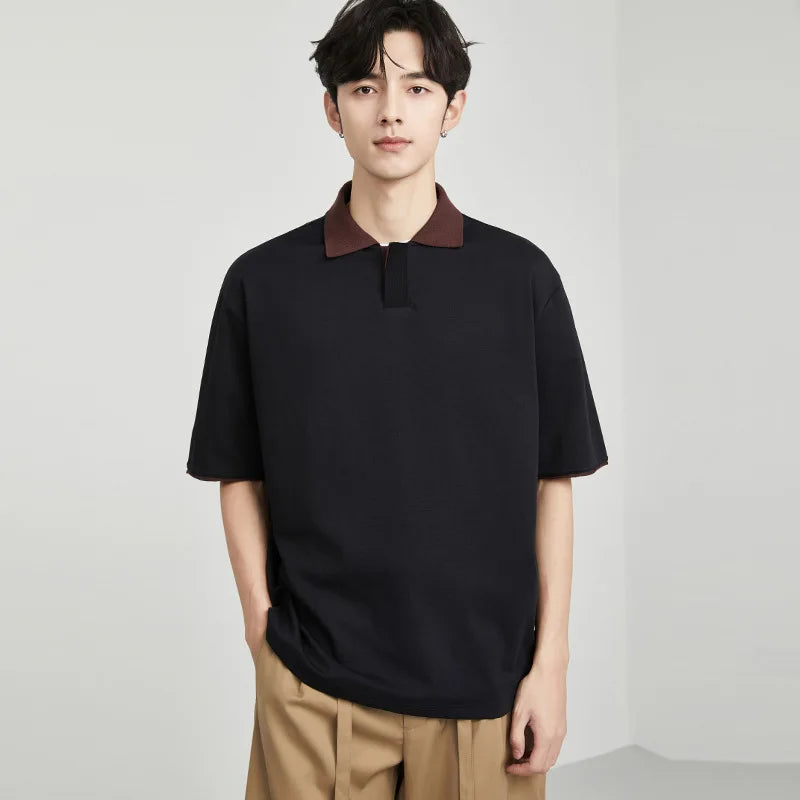 Men's Summer Casual White T-Shirt Contrast Color Short- & Half-Sleeved for Polo High-End Style Top with Simple Solid Pattern