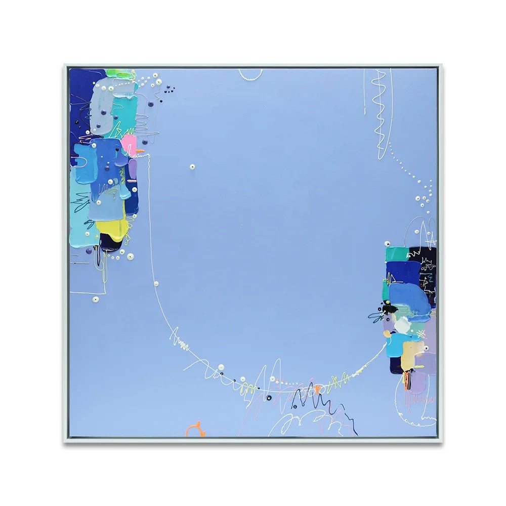 Wholesale Simple Original Light Blue Line Color Block Oil Painting Thick Textured Hand-painted Abstract Canvas for Hotel