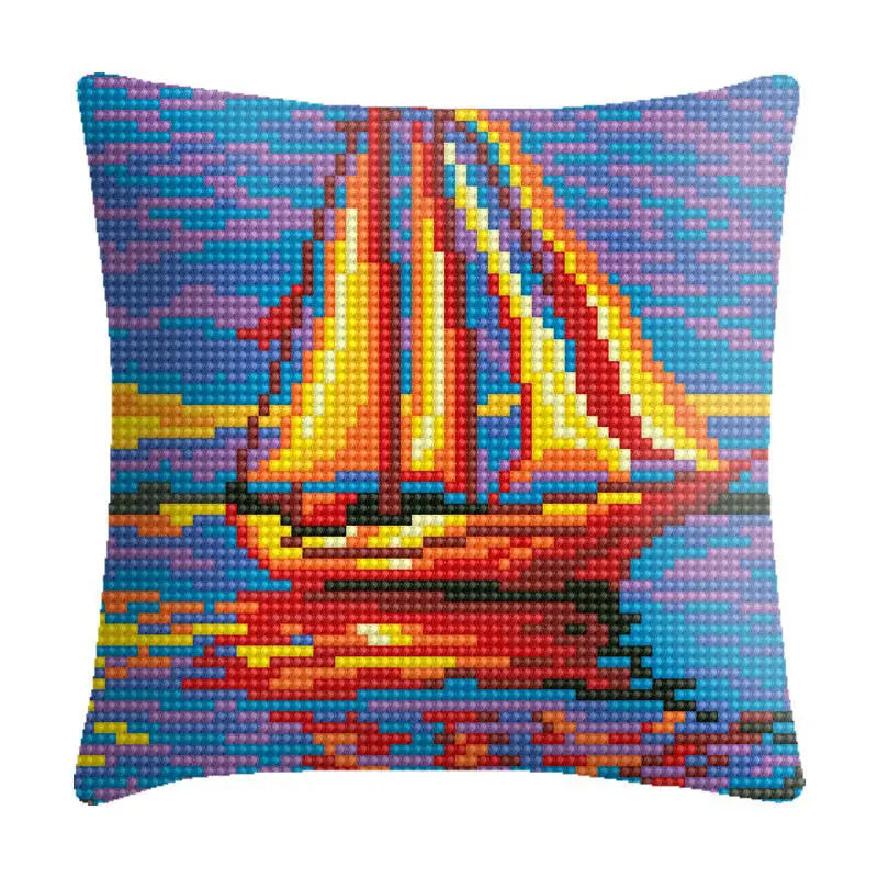 New  Decor Crafts Crewel Embroidery Pillowcase Landscape Sailing Boat Hand Stitching Pillow Cover
