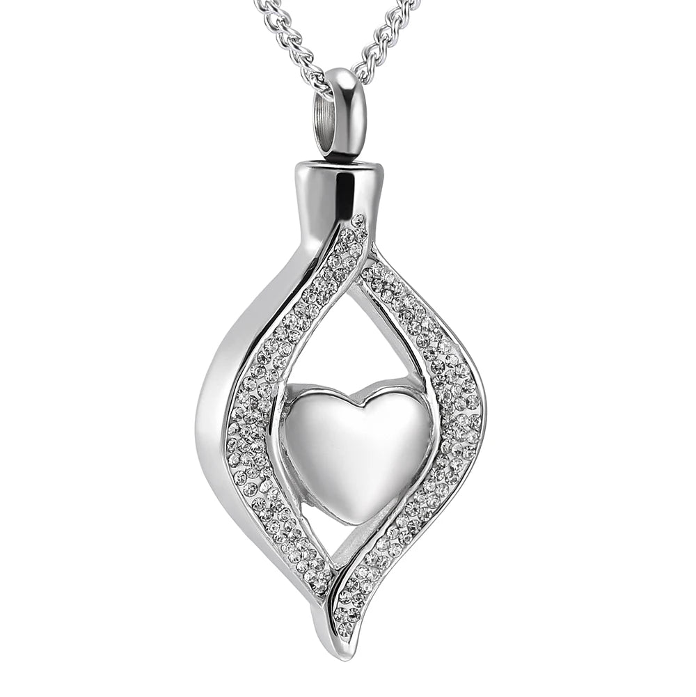 Stainless Steel Silver Plated Crystal Heart Hangers Cremation Ashes Pendant Teardrop Heart Keepsake Urn Memorial Necklace
