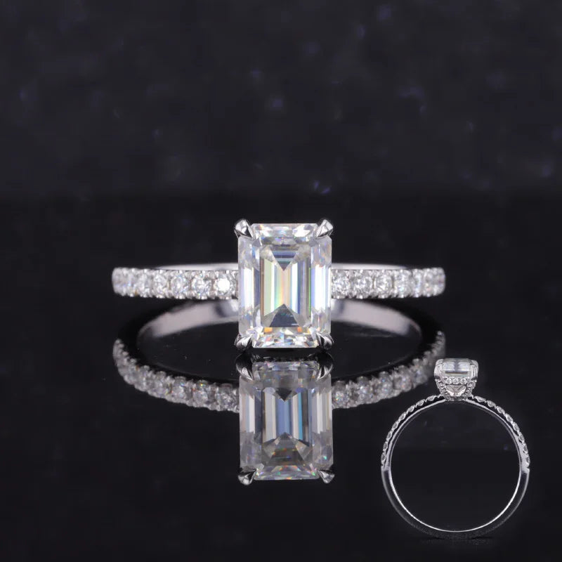 Starsgem Engagement 14k Gold 6X8mm Emerald Cut D Moissanite Jewellery Diamond Ring with Pave Band