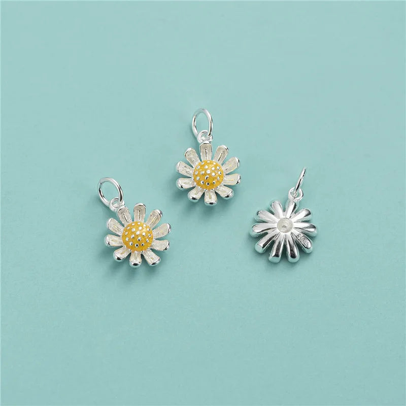 9.5mm Daisy Charm 925 Sterling Silver Sunflower Charms Enameled for Jewelry Making Supplies