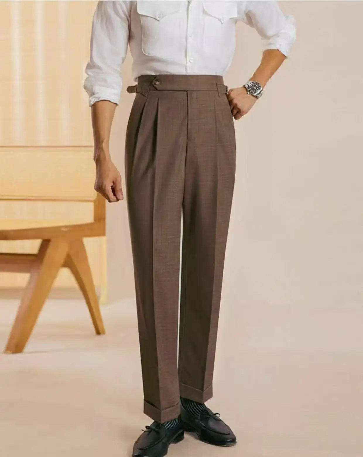 Italian Men's Business Casual Naples Dress Trousers Double Pleated High Waist Non-Ironing Plus Size Suit Pants