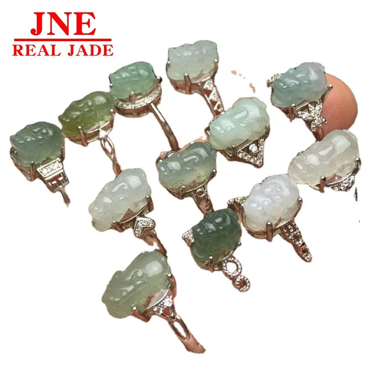 Myanmar Pendant Jade Jade 925 Silver Inlaid Jade Ice Egg Noodle Live Mouth Ring Manufacturer Wholesale