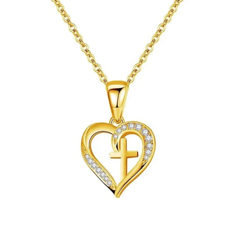 Valentine Jewelry 925 Sterling Silver Heart Necklace Gold Plated Heart Cross Pedant Necklace for Women