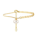 RINNTIN GPB30 Women's Simple Double Chain With Pearl Pendant Gold Tiny Pearl Bracelet 14K Gold Plated S925 Silver Bracelet