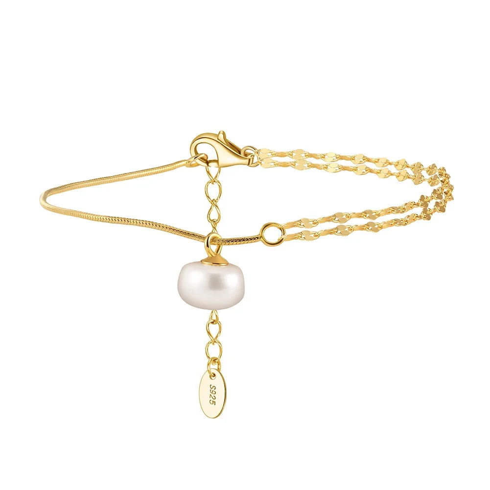 RINNTIN GPB30 Women's Simple Double Chain With Pearl Pendant Gold Tiny Pearl Bracelet 14K Gold Plated S925 Silver Bracelet