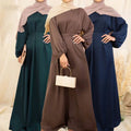 Muslim Islamic Clothing Modest Maxi Dress With Side Pockets Slim Sleeve Elastic Cuff Plain Color Satin Closed Abaya Match Hijab