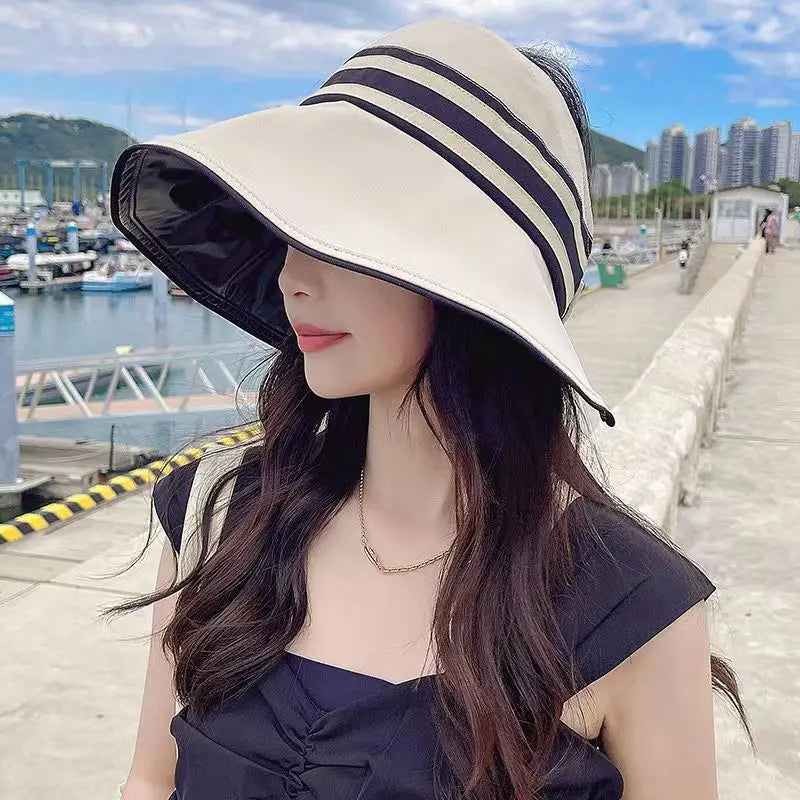 Elegant Summer Sun Hats for Women Girl Adjustable Wide Brim UV Protection Beach Hat Breathable Foldable Panama Cap Ponytail Caps