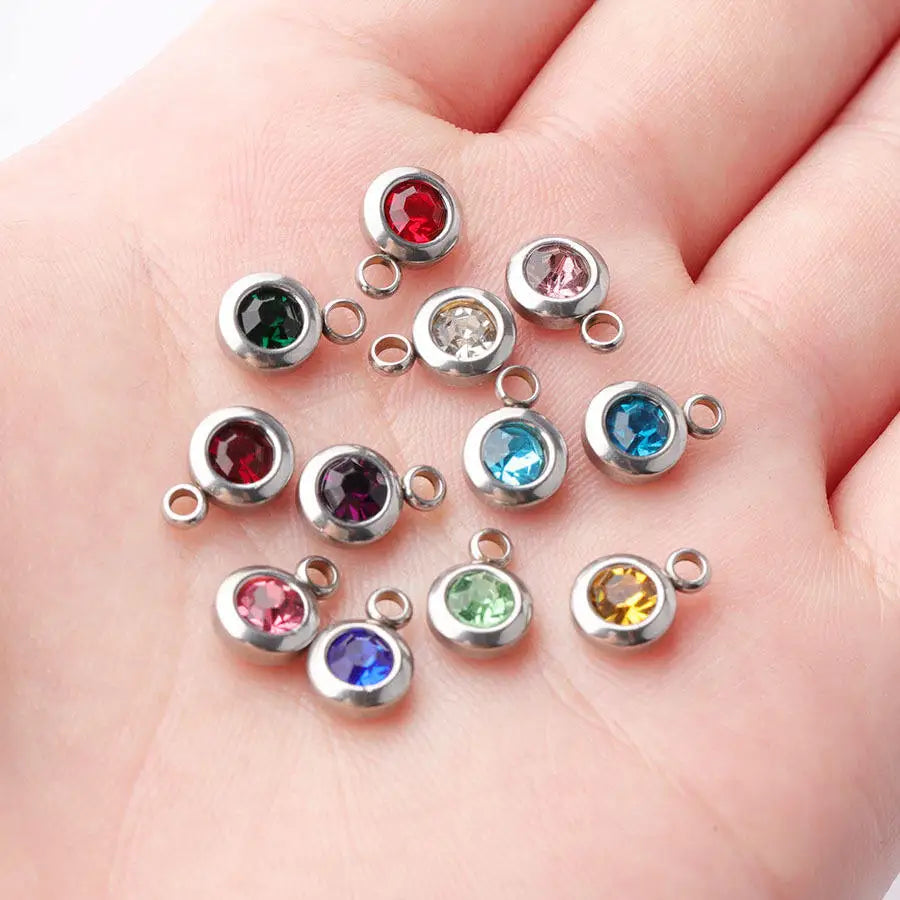 Valentines Day 6.5mm Stainless Steel Silver Crystal Birthstone Charms Lucky Stone for Making Necklace Bracelet