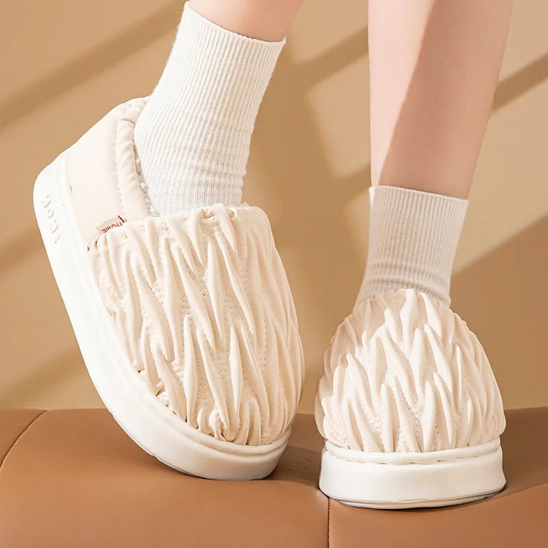 Pleated Heeled PU Leather Slippers for Women&Men Home Warm wrinkled Anti-Slip Shoes