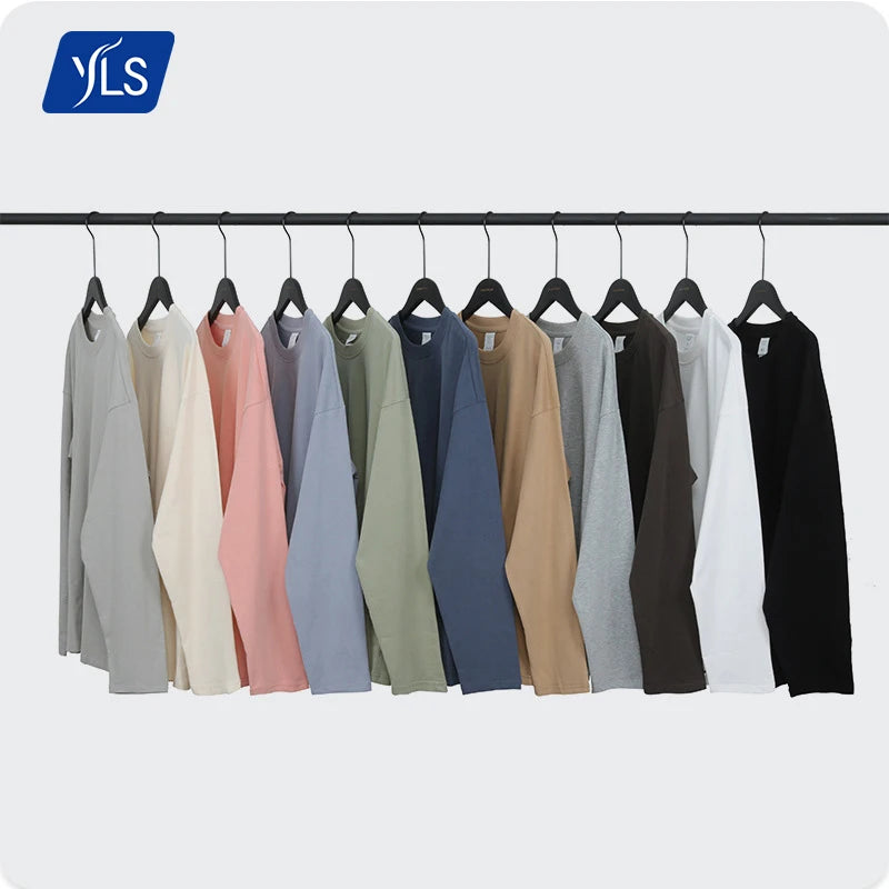 YLS 2021 Brand New Streetwear Knitted 100% Cotton Men Full Sleeve T-Shirt Pure Color Oversize Custom Private Label Blank High