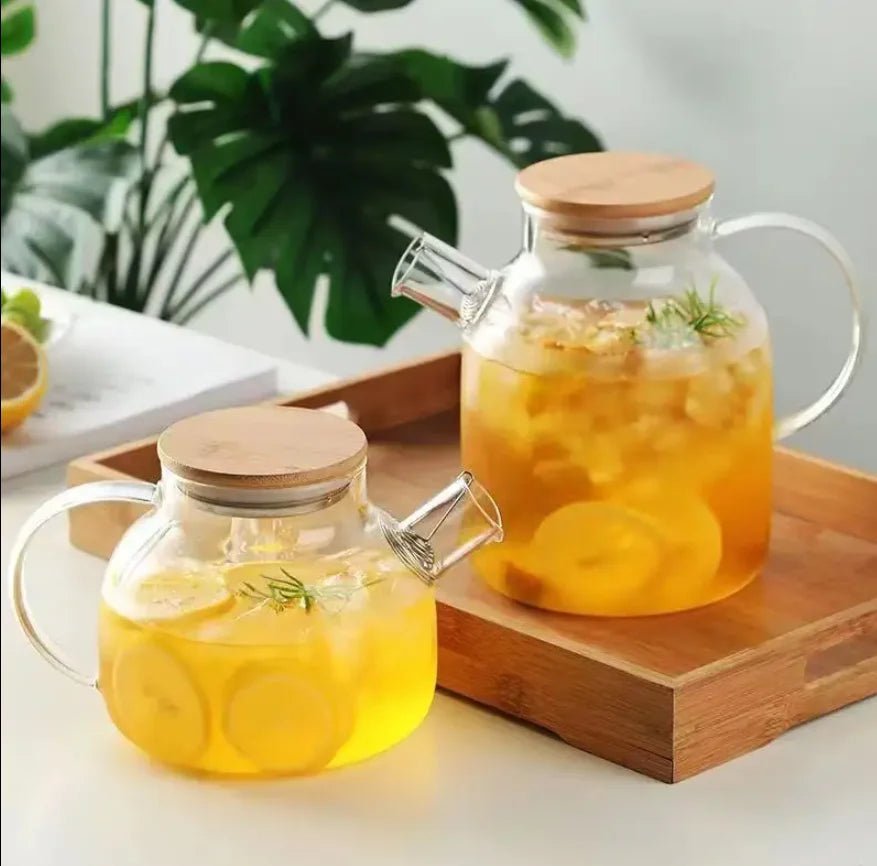 High Borosilicate Tea Pot Glass Water Pitcher with Airtight Bamboo Lid