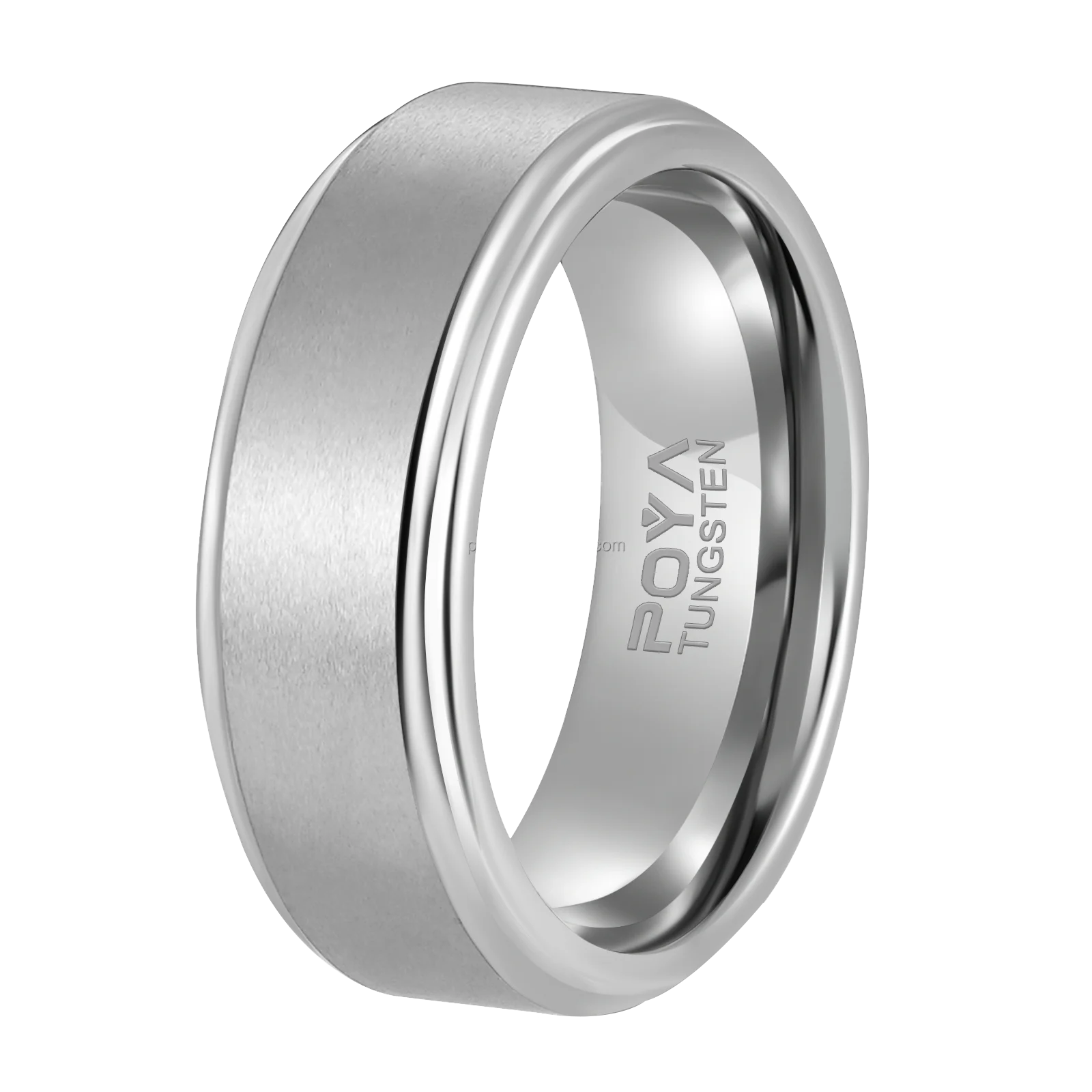 POYA 8mm Tungsten Wedding Band for Men & Women Silver Plated with Stepped Edges Fashion Jewelry Ring