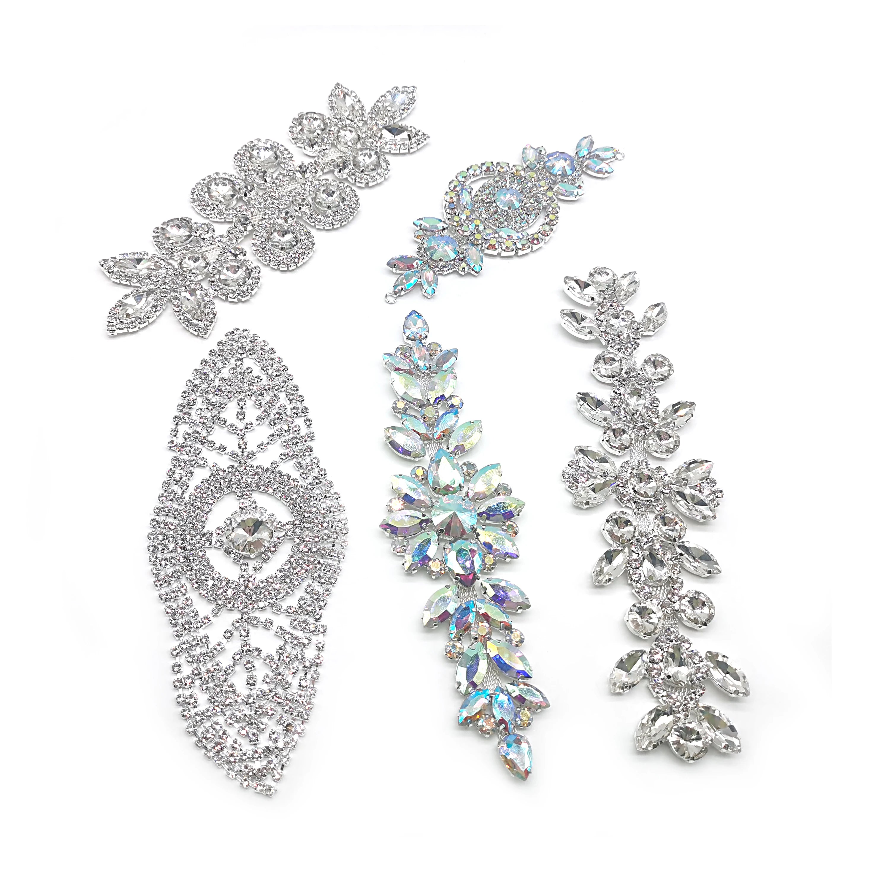 Wholesale Metal Crystal Rhinestone Appliques Sew on Dresses Bridal Beaded Lace Rhinestone Applique