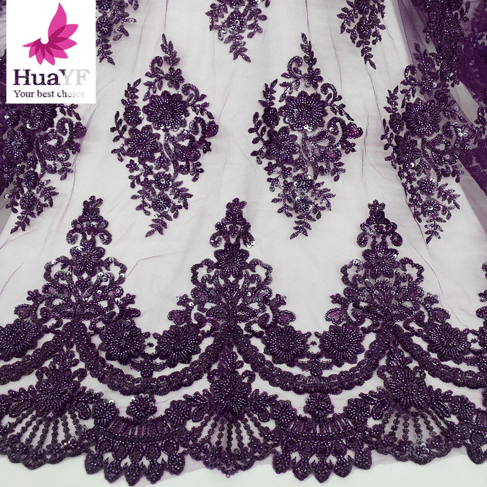 HY2432 Heavy Work Purple Same Border Tulle Beaded Lace Fabric Embroidery With Sequins Applique Fabric Dress Wholesale