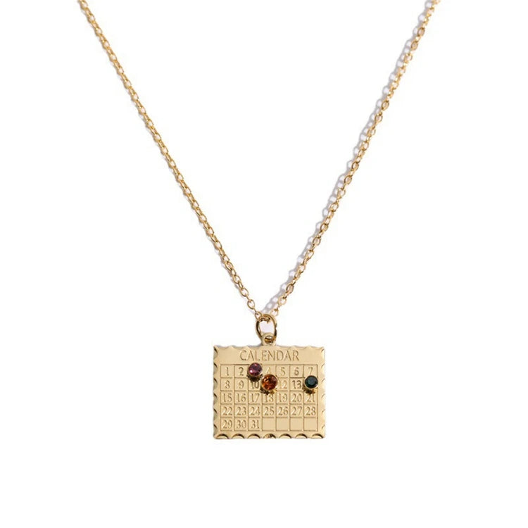 Fine Jewelry Creative Calendar Necklaces Inlay Color Crystal Zircon 18K Gold Plated Stainless Steel Square Fashion Necklace