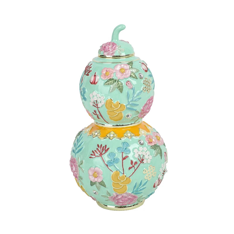 SHINNYGIFTS Modern Style FengShui Crafts Peony Flower Wu Loo Gourd Decorative Box Royal Birthday Gifts Oval Shape