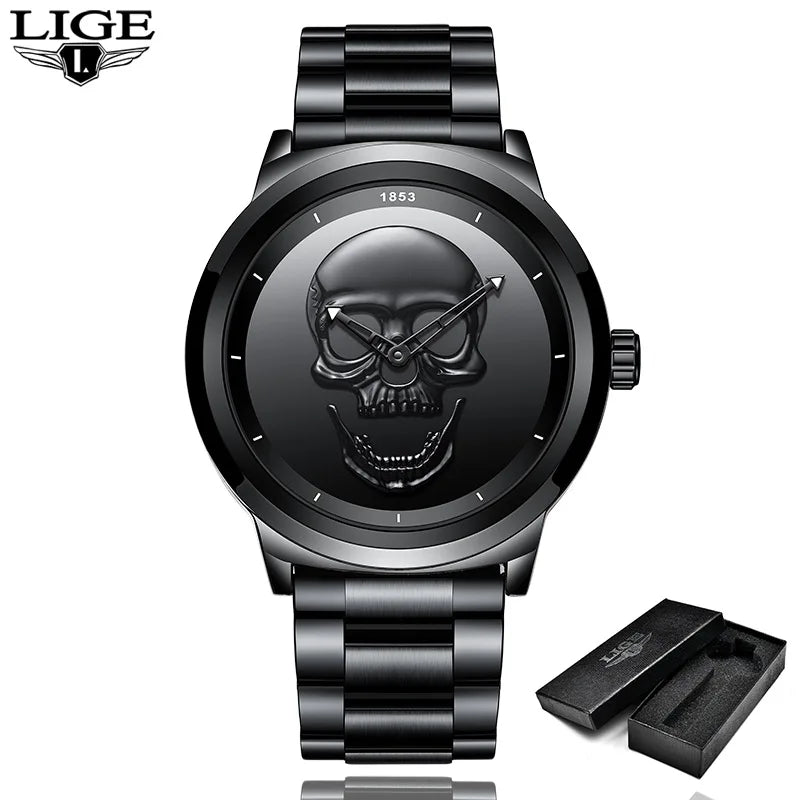 LIGE LG9876 Fashion Personality Skull Stereo Watch Men's Quartz Watch Fashion Waterproof Watch