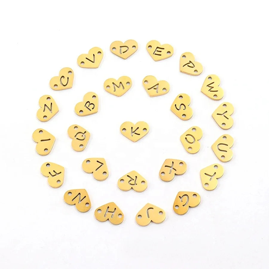 Stainless Steel Two Hole Heart Charms with Letter for Charm Bracelet DIY Jewelry Making