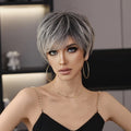 Platinum Blonde Wigs for Women Gray Pixie Cut Wig for White Women Pixie Layered Synthetic Highlight Gray Hair Wig with Bangs