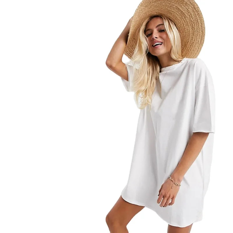 Custom Casual Solid Color Round Collar Long Oversized Tshirt Dress Women