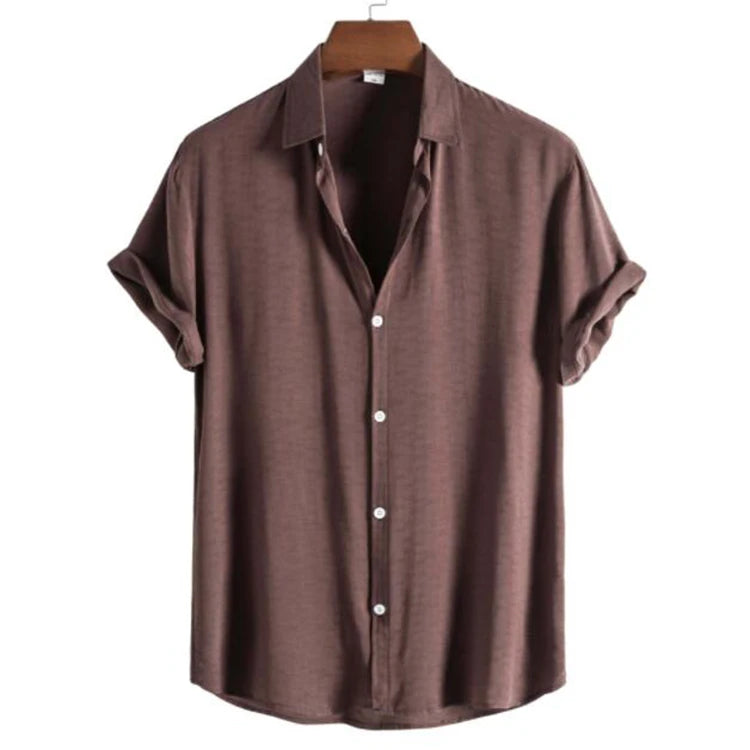 Fashion Men Shirts Summer Solid Color Turndown Collar Casual Shirts Vintage Loose Male Short Sleeve Clothing