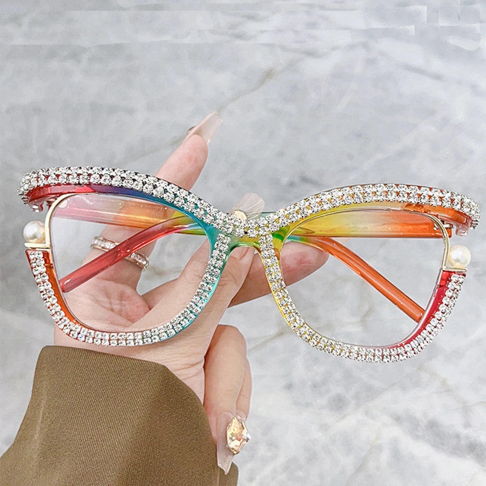 2024 Rhinestone Diamonds Bling Luxury Rimless Unisex Custom PC Anti Blue Light UV400 Protection CE Certified Eyeglasses Frame