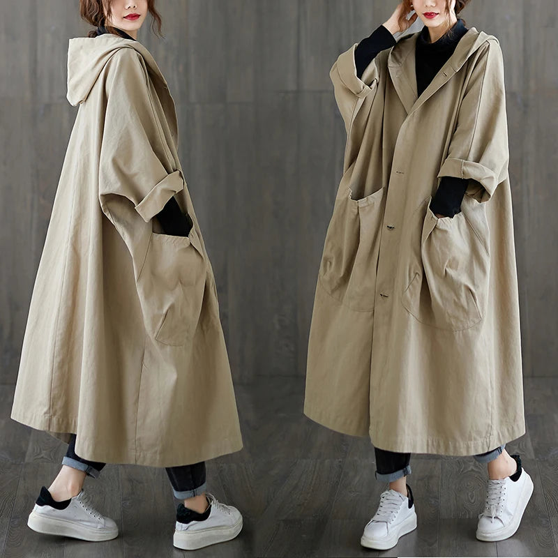 Wholesale 2026 Autumn and Winter New Style Literary Loose Large Size Knee-length Large Pocket Casual Hooded Women's Trench Coat