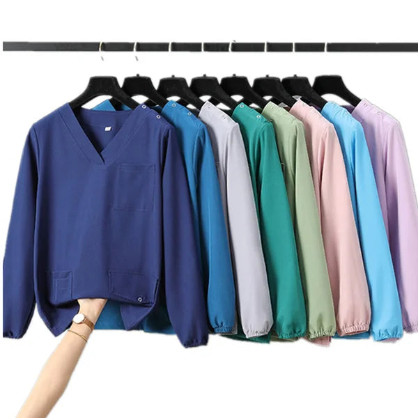 Custom Logo Polyester Spandex Long Sleeve Nurse Scrubs Suit Unisex Women Hospital 4 Way Stretch Long Sleeve Nurse Scrubs Uniform