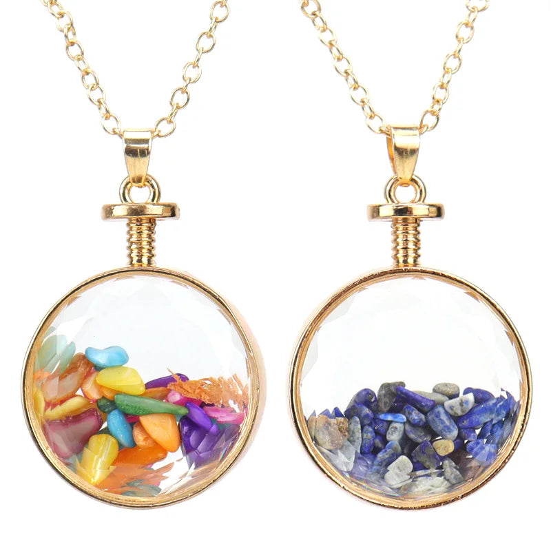Round Glass Bottle Pendant Necklace Gold Drift Bottle Natural Crystal Stone Necklace for Women