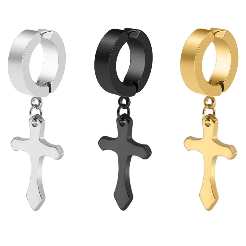 Stainless Steel Cross Hoop Earrings Cross Dangle Hinged Huggie Earrings for Men Women