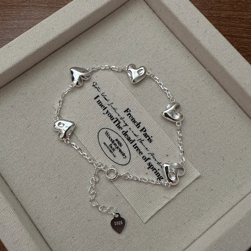 New Trendy Wholesale 925 Sterling Silver Wrinkle Texture Heart Shape Charm Bracelets for Women