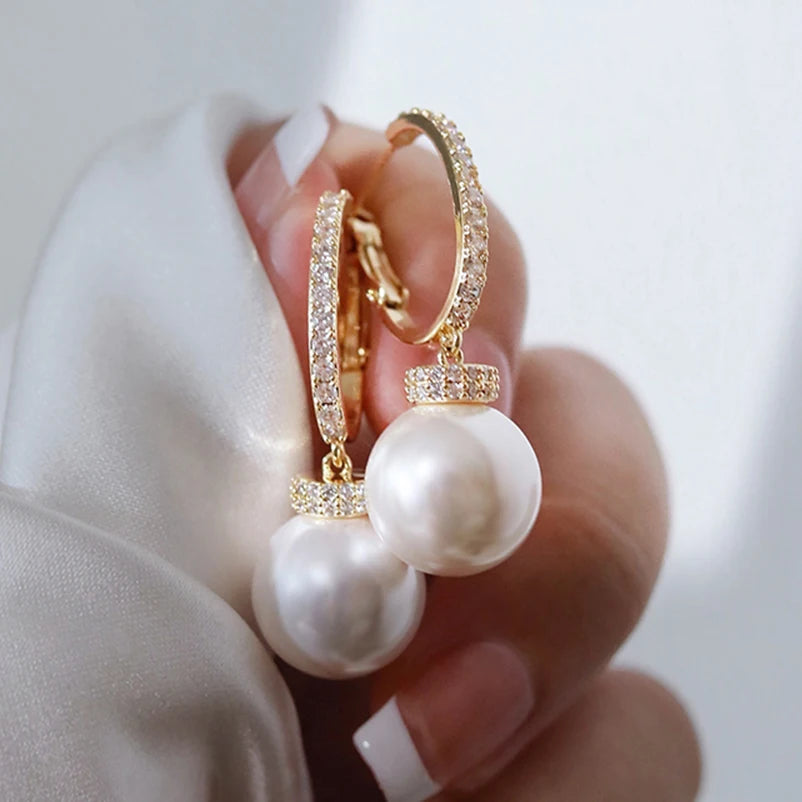 CAOSHI OEM ODM Graceful Pearl Cubic Zirconia Hanging Earring for Wedding Engagement Party Gold Plated CZ Drop Earrings for Women